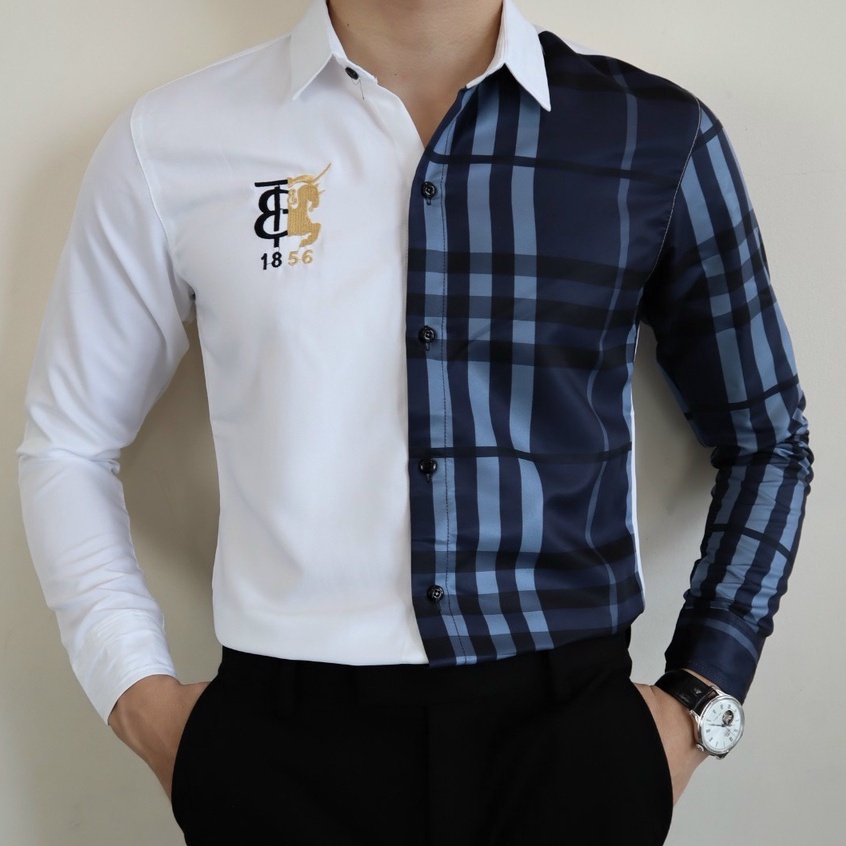 Áo sơ mi mam vải lụa mẫu mới thêu B.BR vàng thời trang phong cách sang trọng