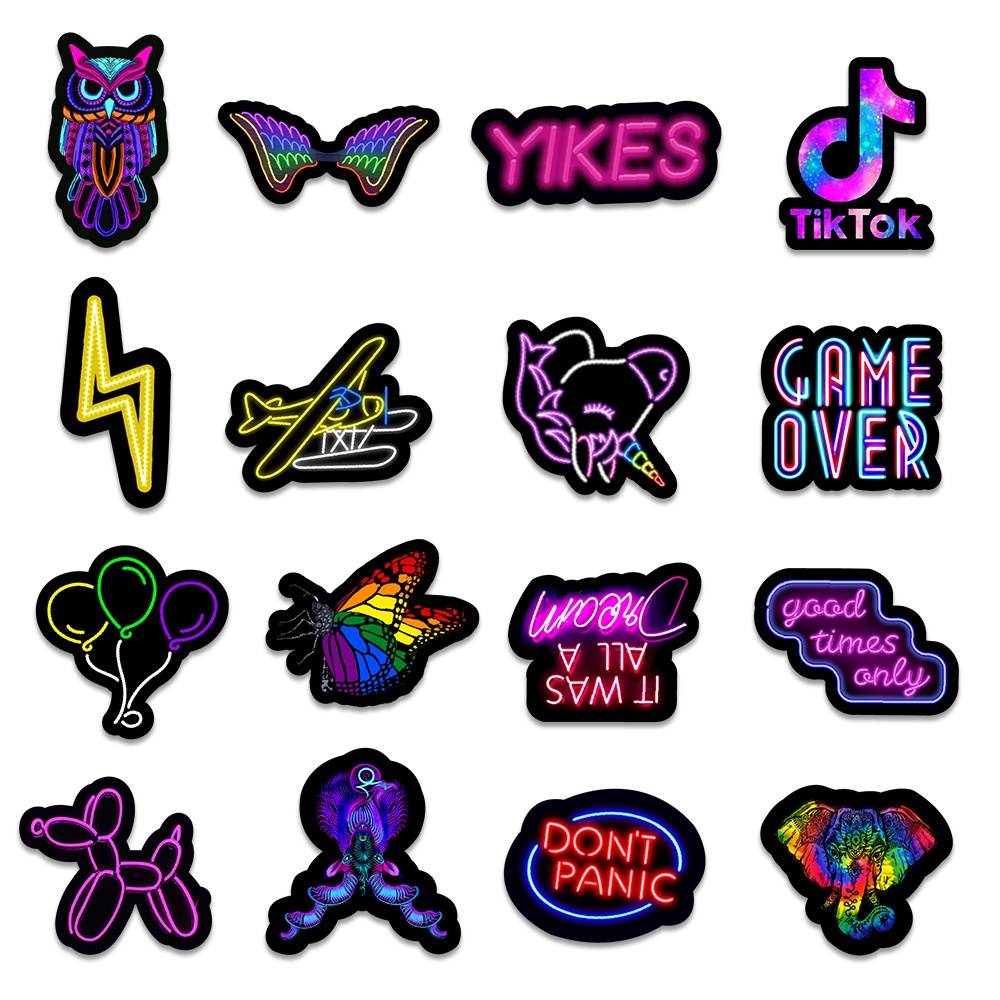 50 Sticker chống nước MÀU NEON NEW miếng dán graffiti dán mũ bảo hiểm, laptop cốc nước ván trượt