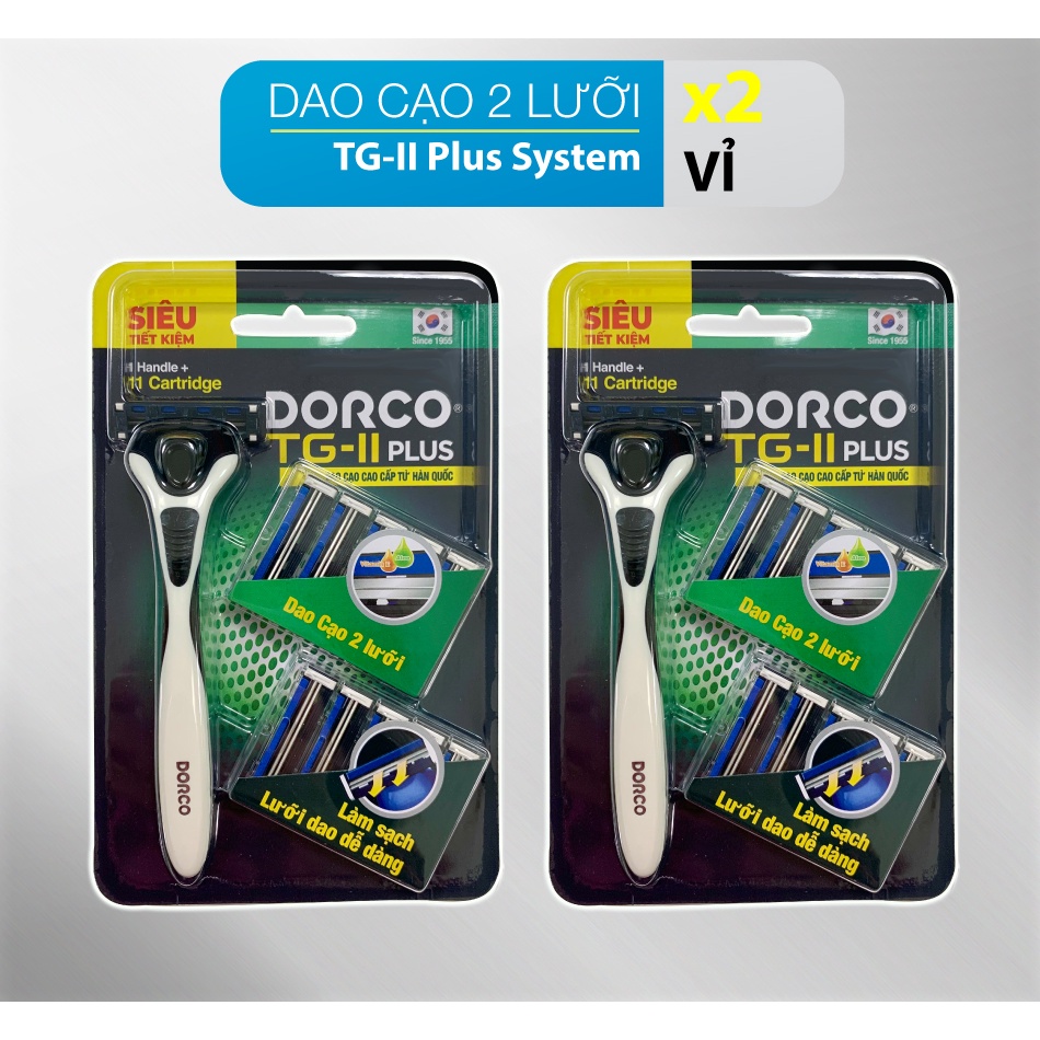 Combo 2 vỉ dao cạo râu 2 lưỡi DORCO TG-II Plus System kèm 10 đầu thay thế