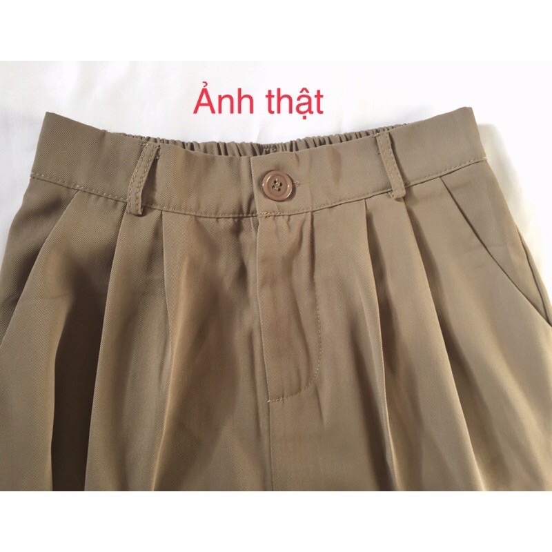 Urihouse - Quần tây nữ ống suông rộng dáng rũ màu nâu rêu cạp chun phía sau