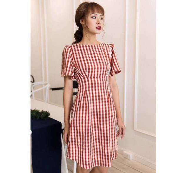Đầm Caro Thắt Eo Tay Phồng  Dễ Thương