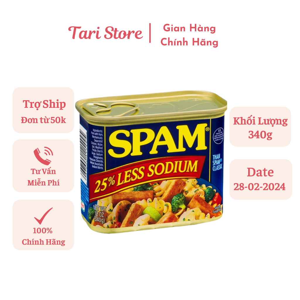 Thịt hộp SPAM của Mỹ 340g (2 loại truyền thống và ít mặn) (Date 2/2024)