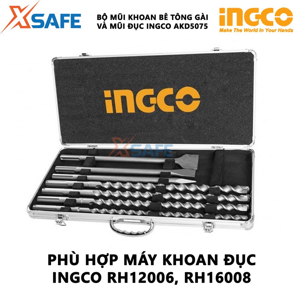 Bộ mũi khoan bê tông gài SDS Max và mũi đục INGCO AKD5075 | bộ mũi khoan và mũi đục bê tông sử dụng cho máy khoan đục