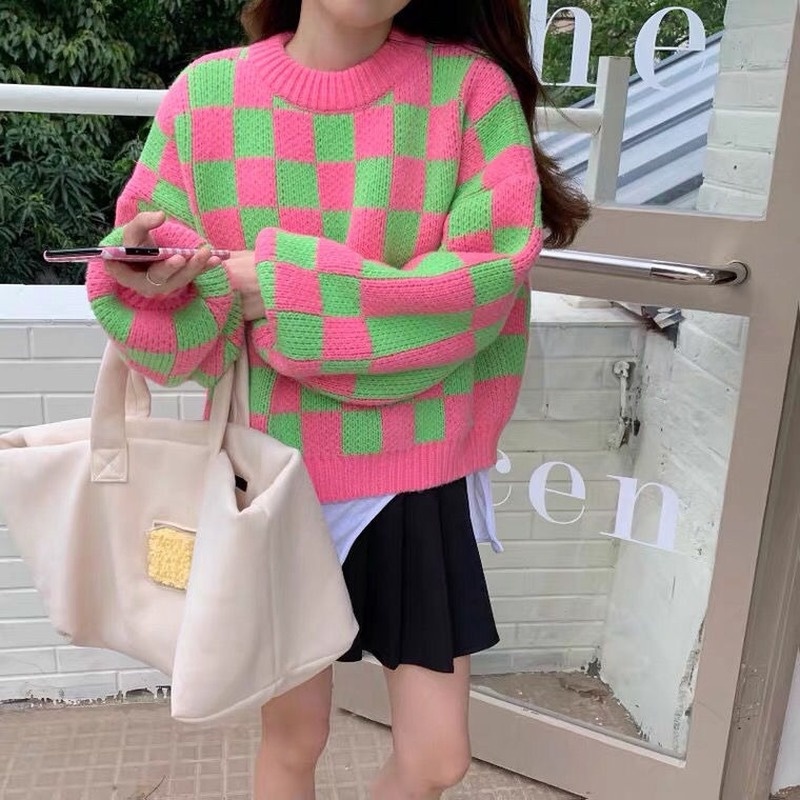 Áo Sweater chui đầu dáng rộng kẻ sọc màu tương phản thời trang thu đông cho nữ