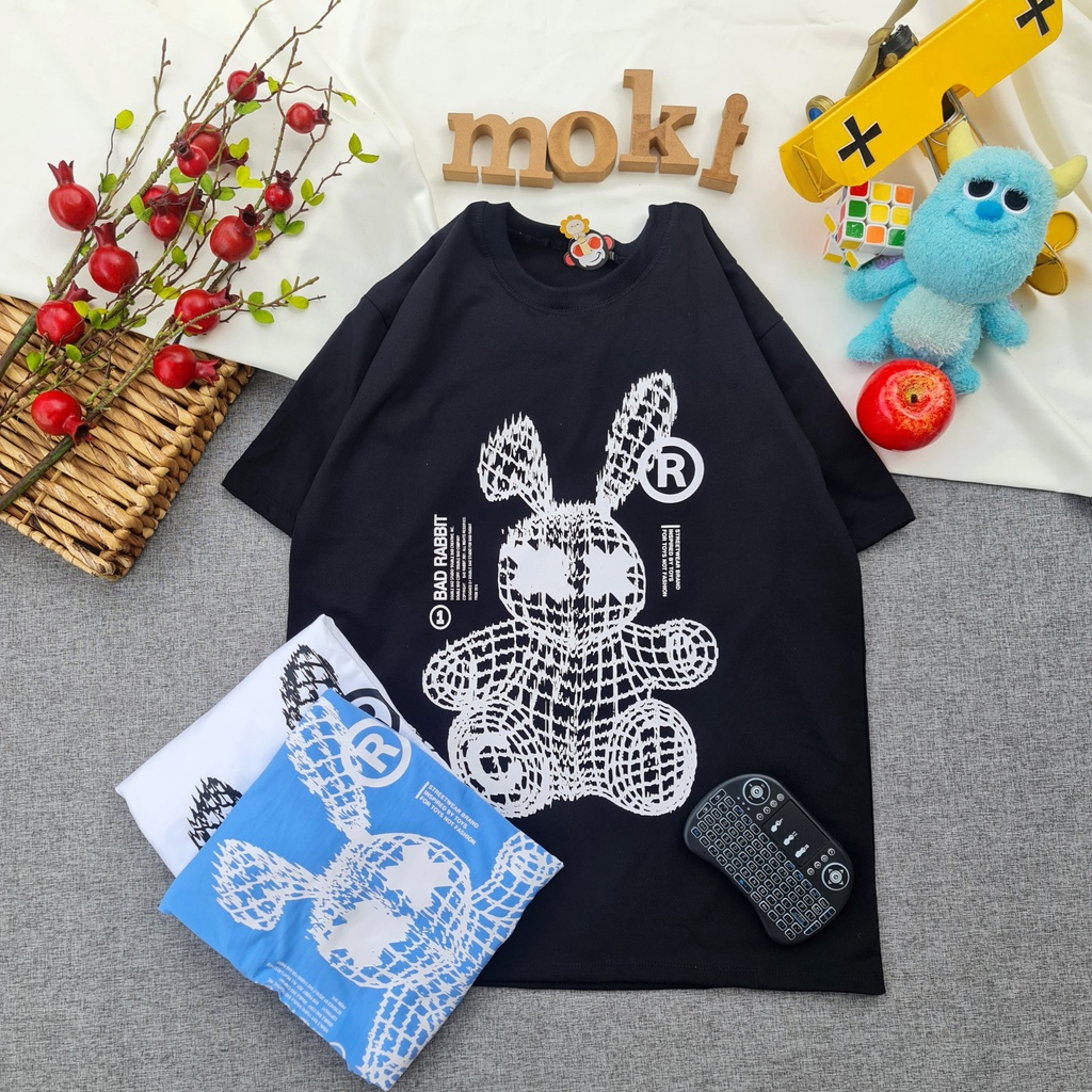 Áo phông áo thun nam nữ tay lỡ from rộng freesize chất cotton thoáng mát in thỏ lưới xung quanh mokishop