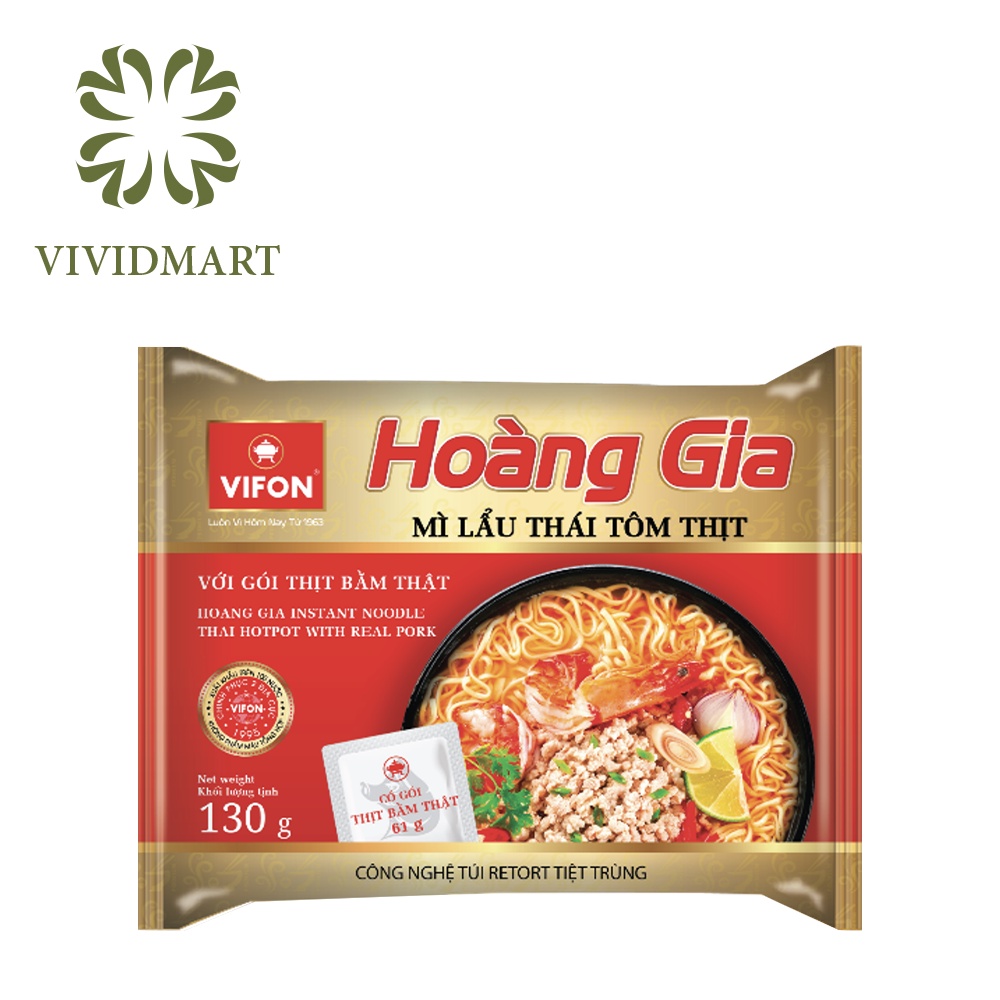 Góilẻ MÌ VIFON HOÀNG GIA MỚI 6 VỊ: THỊT BẰM, BÒ, HẢI SẢN CHUA CAY, LẨU THÁI TÔM, KIM CHI BÒ, LẨU CUA CAY –GÓI130G- VIFON