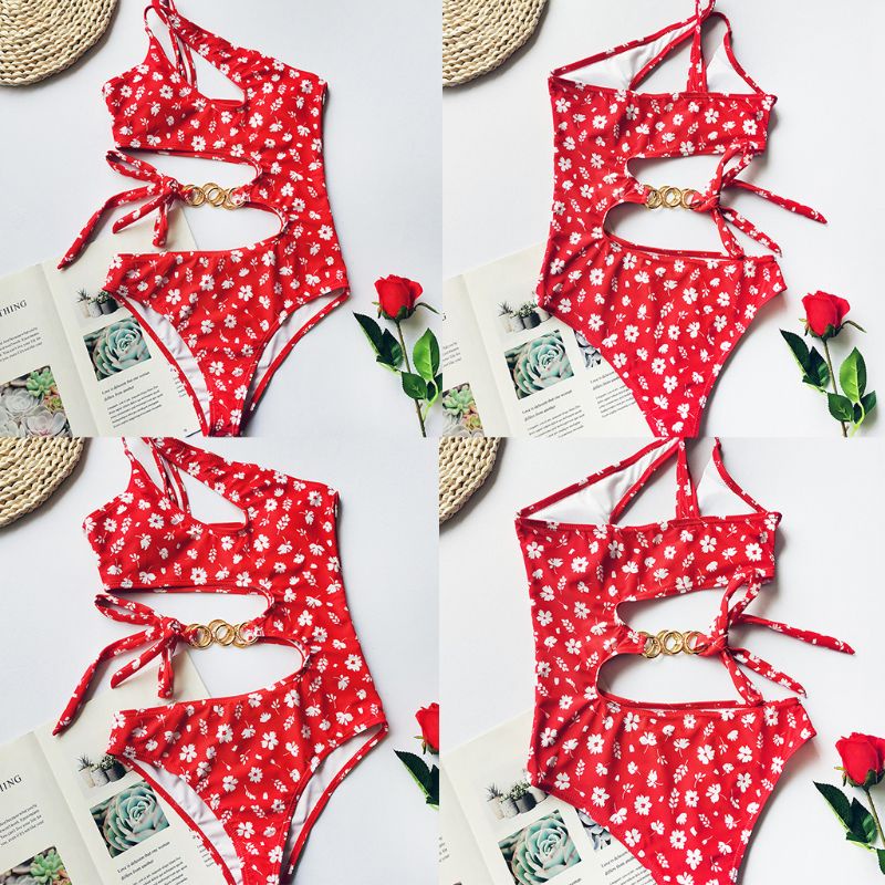 Xiangbao Bikini Một Mảnh Dây Xích Kim Loại Một Mảnh Hở Vai In Họa Tiết Hoa Nhỏ Gợi Cảm Cho Nữ