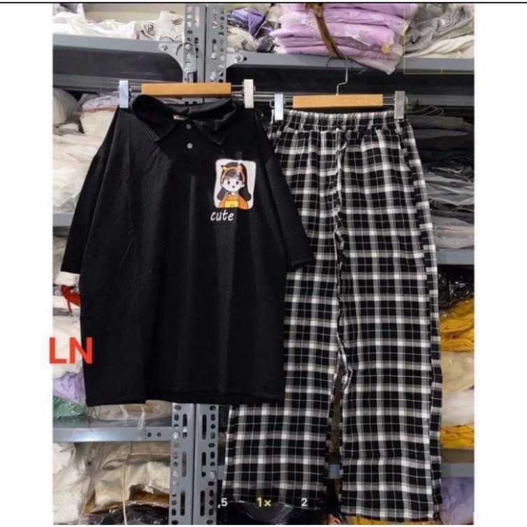Sét áo polo cô gái cute + quần kẻ ô LN0421