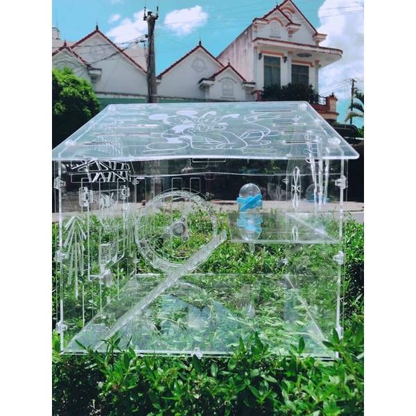 Lồng nuôi hamster giá rẻ, Tặng wheel êm + Bình nước, 27x27x27cm mica trong suốt cao cấp