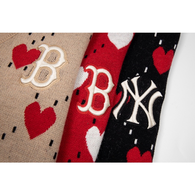 Áo Khoác Cardigan Dệt Kim Tay Dài In Hình Trái Tim MLB Cổ Điển Thời Trang Cho Cặp Đôi