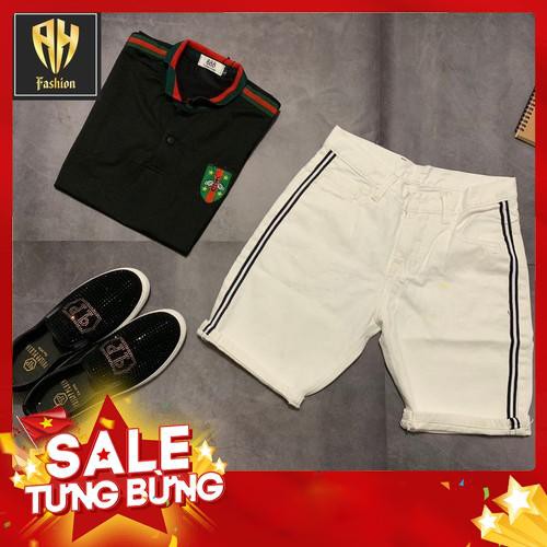 Quần short jean nam trắng sọc đen cao cấp -Hàng nhập khẩu
