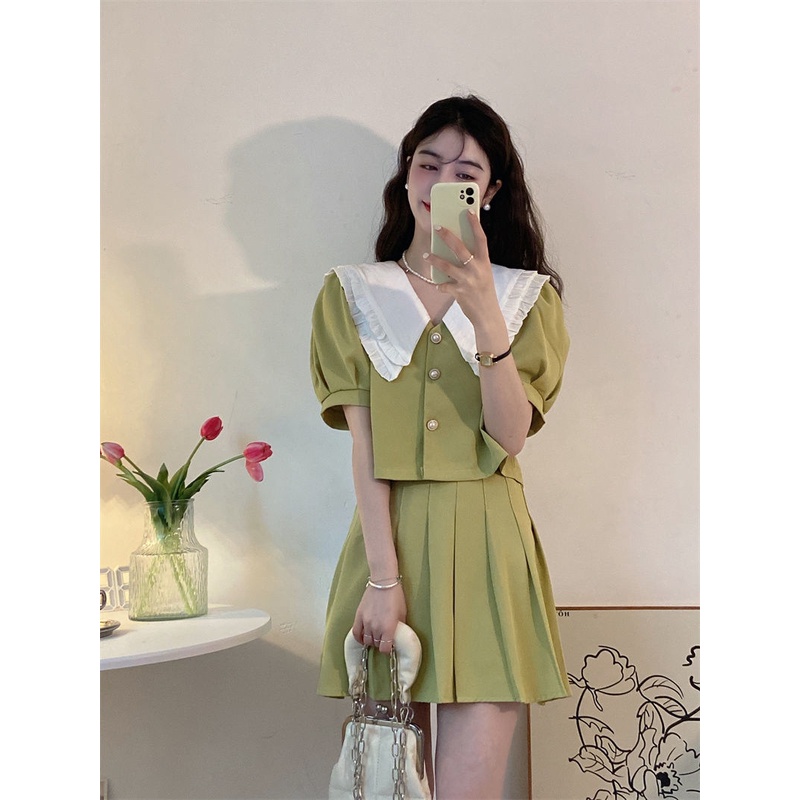 Set Áo Tay Phồng Cổ Búp Bê + Chân Váy Xếp Ly Lưng Cao Thời Trang Nữ