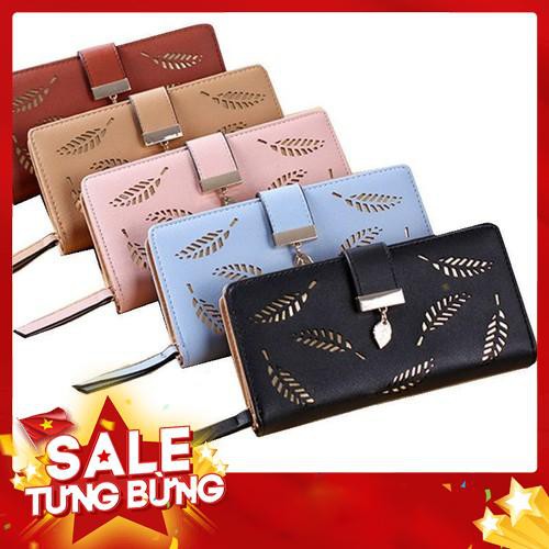 Ví da dáng dài hoạ tiết hình lá đựng tiền xu và danh thiếp cho phái nữ -Hàng nhập khẩu