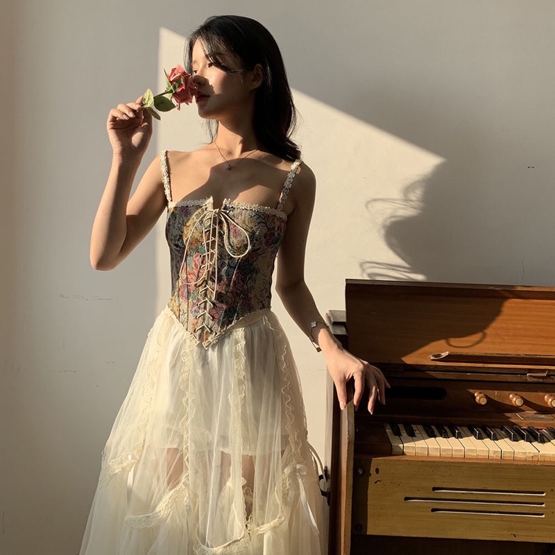 Áo hai dây hoa retro Pháp, corset vintage QC siêu đẹp