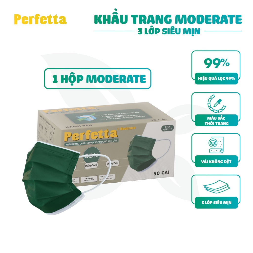 Khẩu Trang Y Tế Cao Cấp Perfetta Moderate 3 Lớp Kháng Khuẩn (50 cái/hộp)