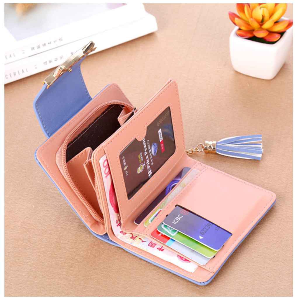 Ví nữ da PU gập 3 đính tua rua