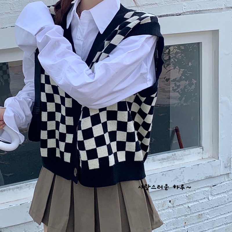 172907 |Màu Đen| Áo Len Không Tay Cổ Chữ V Họa Tiết Sọc Caro Dễ Phối Đồ