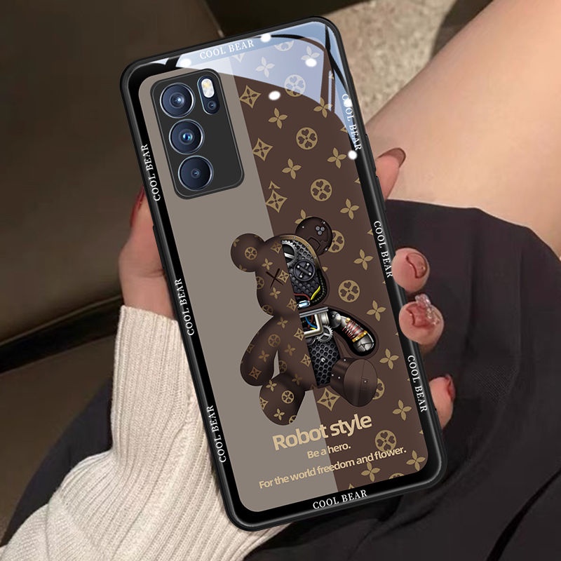 Ốp điện thoại mặt kính viền in họa tiết chú gấu cho Oppo reno5 reno5pro reno6 reno6pro reno6z