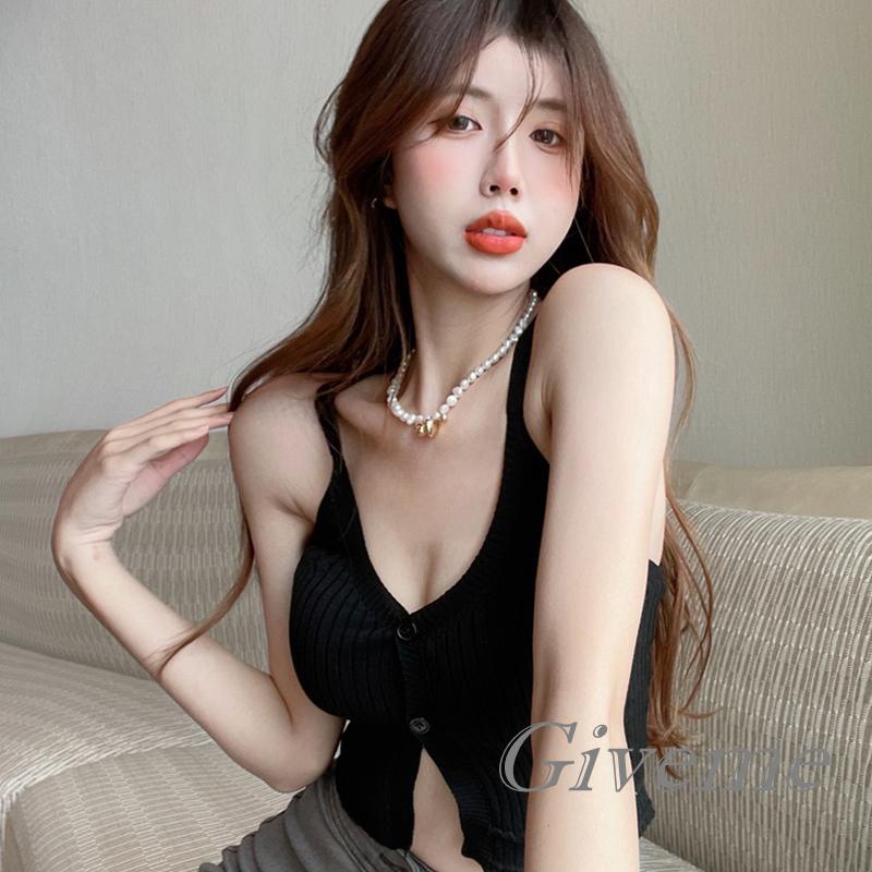 Áo Croptop Dệt Kim Hai Dây Cổ Chữ V Cài Nút Thời Trang Mùa Hè Cho Nữ