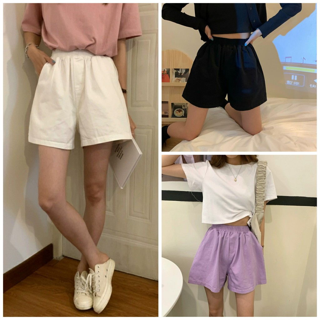 Quần short ống rộng màu trơn kaki ulzzang ống rộng lưng thun