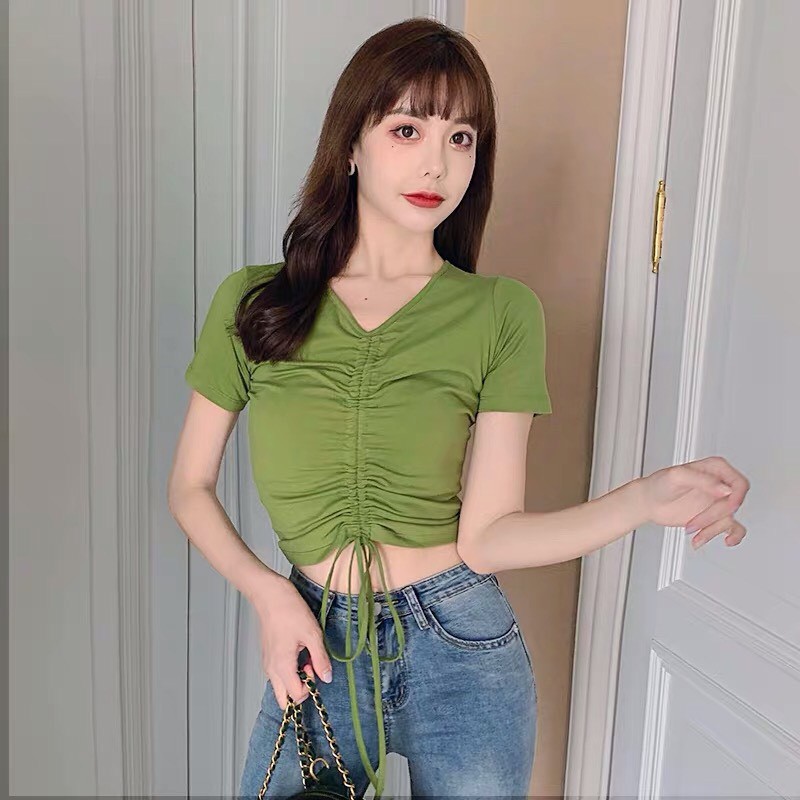 Áo kiểu croptop rút dây giữa màu tím siêu xinh