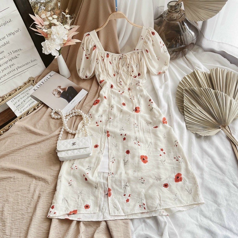 Đầm hoa❤️Hình thật❤️Đầm hoa maxi nhún ngực tay phồng | BigBuy360 - bigbuy360.vn