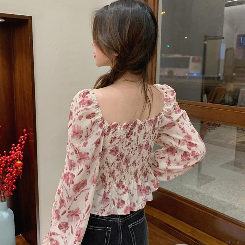 Áo Kiểu Chất Chiffon Cổ Vuông Hoạ Tiết Hoa Nữ Tính