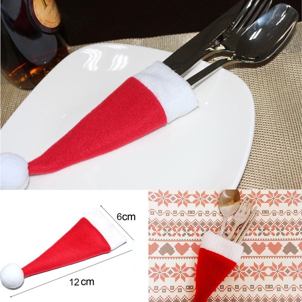 Set 10 Túi Đựng Muỗng Nĩa Hình Nón Ông Già Noel Giá Đỡ