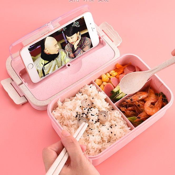 Hộp Cơm Trưa Văn Phòng 3 Ngăn Có Khay Để Điện Thoại Sử Dụng Lò Vi Sóng