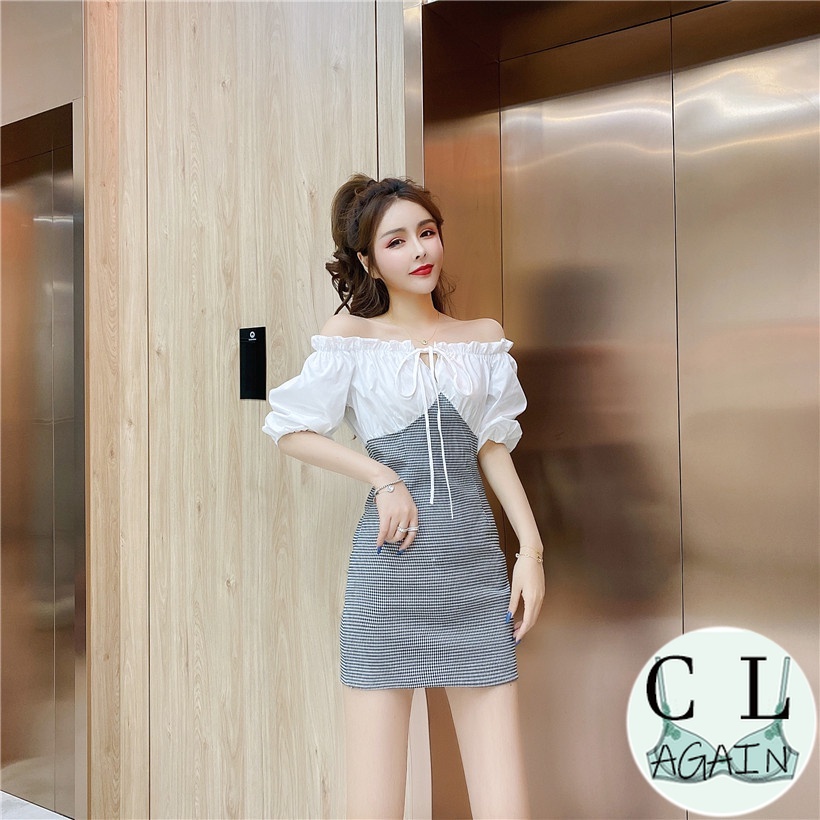 Cl Đầm Ngắn Trễ Vai Ghép Vải Một Bên Phong Cách Hộp Đêm Pháp Tươi Tắn Có Thể Mặc Được Cho Bạn Mặc Khi Đi Hộp Đêm