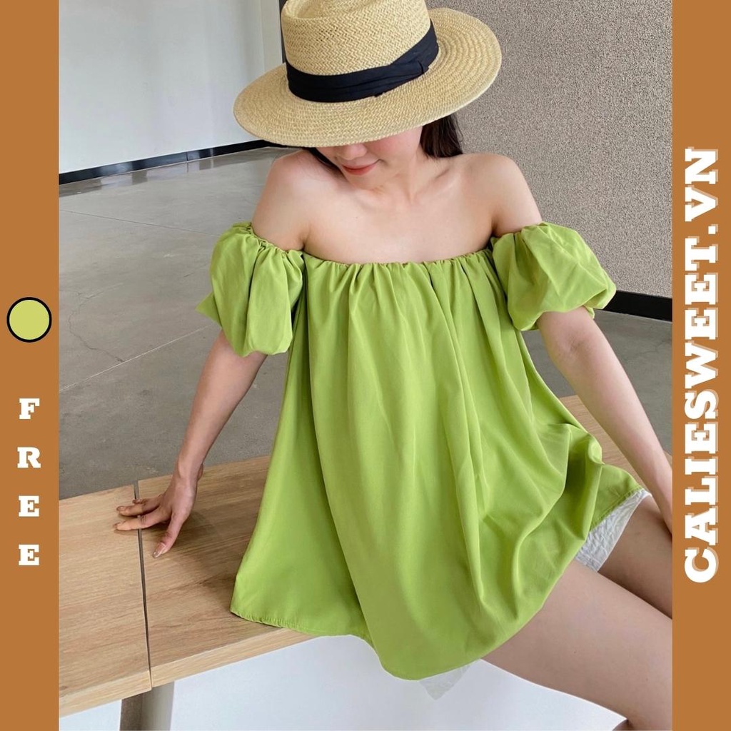 Áo trễ vai tay bồng Caliesweet chất đũi lụa thoáng mát thích hợp đi chơi đi biển CLS009