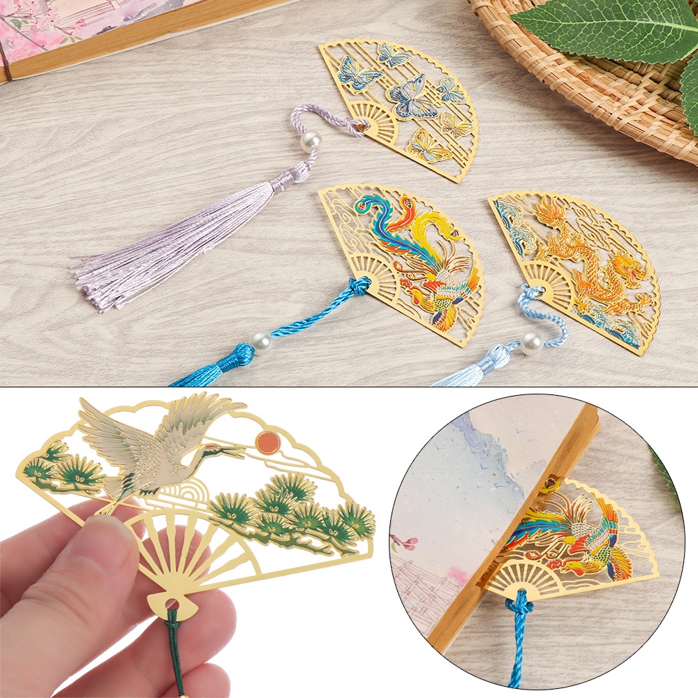 Phụ kiện đánh dấu trang sách hình quạt gấp bằng đồng thau phong cách Trung Hoa cổ điển