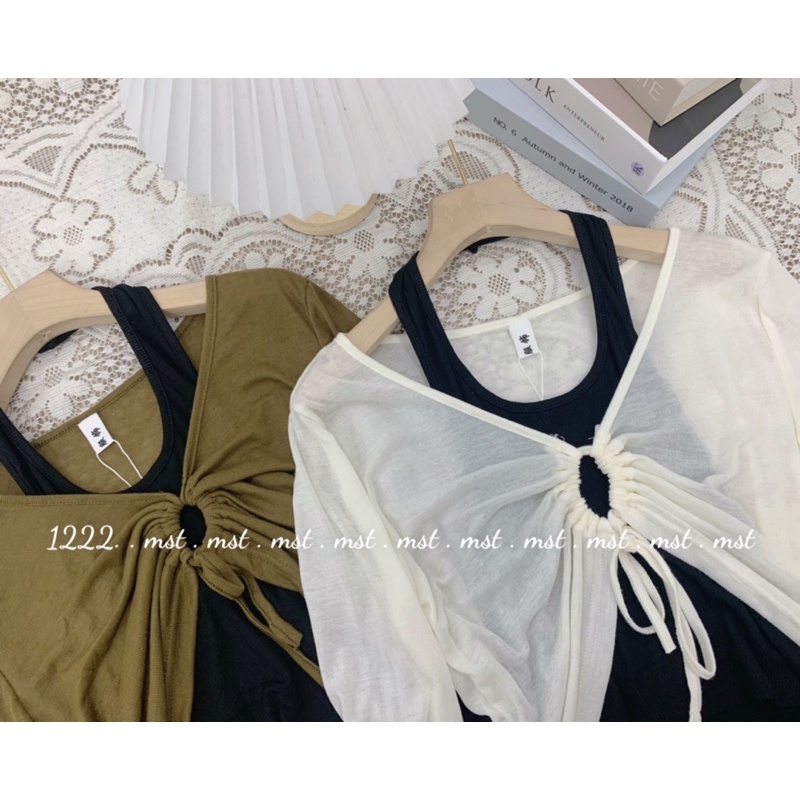 Set 2 món tách rời áo croptop dài tay cổ rút kèm áo bra phong cách cá tính dành cho nữ kèm ảnh thật