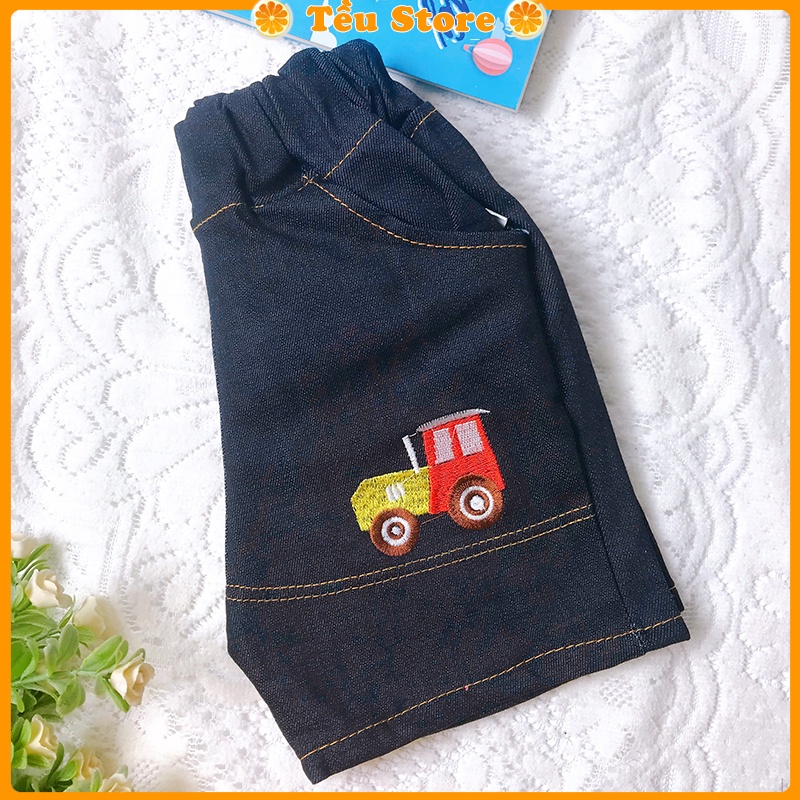 Quần Jean Bé Trai -SALE- Quần Short Bé Trai Chất Bò Jean Thô Thêu Hình Xe Size 8 - 19kg Đủ Size Cho Bé 1 - 7 Tuổi