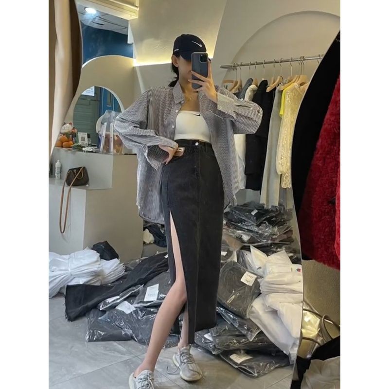 Chân Váy Jeans Dài Lưng Cao Xẻ Tà Phong Cách Hàn Quốc Thời Trang Xuân Hè 2021 Cho Nữ | BigBuy360 - bigbuy360.vn