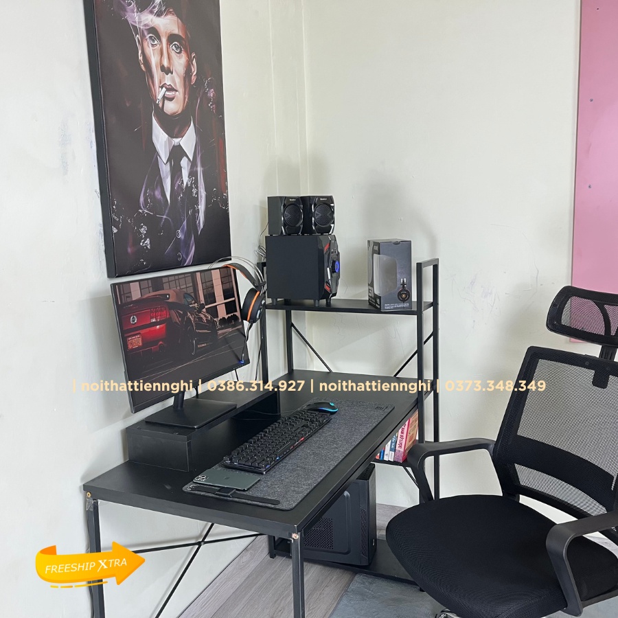 Bàn làm việc 3 kệ đa năng mặt gỗ, khung sắt - bàn gaming/ học tập/ decor - BLV3K