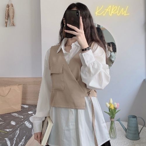 Set áo sơ mi  nữ trắng + yếm vai lệch , Set áo váy form dài cùng yếm đai lệch vạt 2 màu đen, be