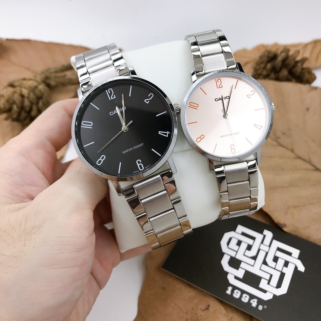Đồng hồ cặp Casio MTP-VT01D-1B2 / LTP-VT01D-4B2 dây thép không gỉ, size 34mm, 40mm chống nước, hàng chính hãng