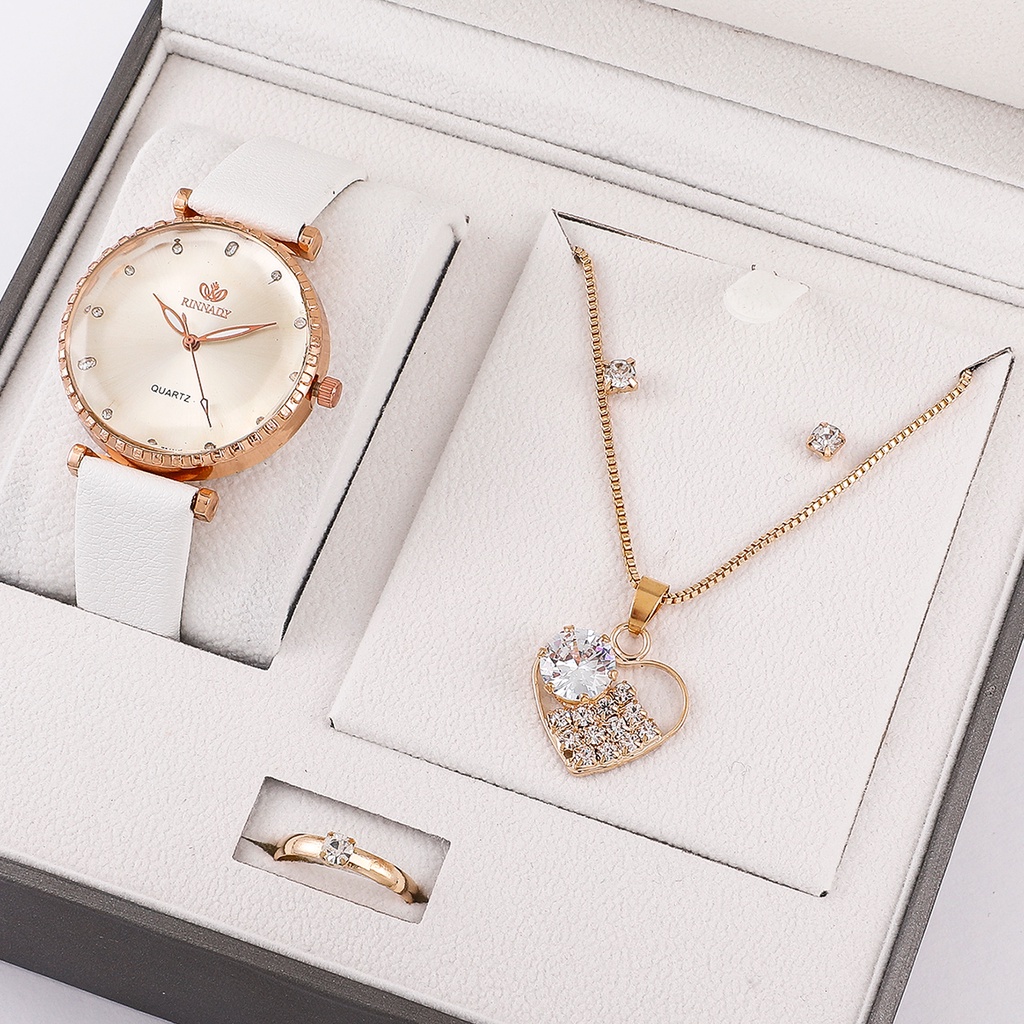 (Đồng hồ nữ + Vòng cổ + Nhẫn + Hoa tai) Đồng hồ nữ Analog Quartz Đồng hồ nữ thường Bộ đồng hồ nữ (Không có hộp)