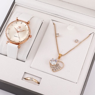 (Đồng hồ nữ + Vòng cổ + Nhẫn + Hoa tai) Đồng hồ nữ Analog Quartz Đồng hồ nữ thường Bộ đồng hồ nữ (Không có hộp)