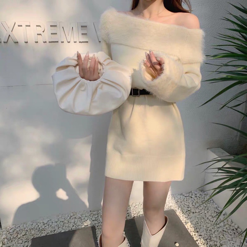 Váy len suông trễ vai tay len lông kèm belt