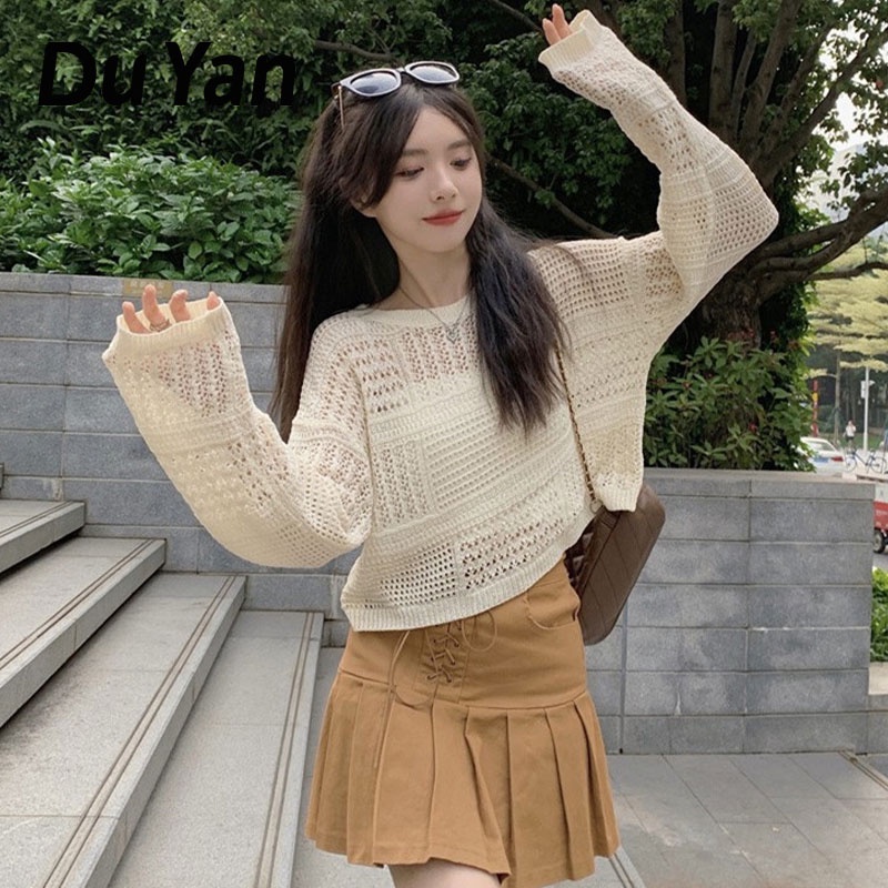Du YAN Áo sweater Dệt Kim Mỏng Tay Dài Khoét Lỗ Nhẹ Màu Trong Suốt Cho Nữ