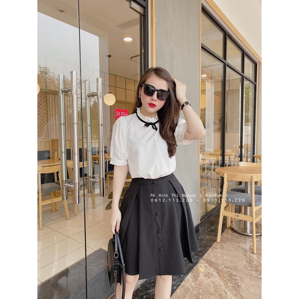 Set áo kiểu nơ + chân váy cúc xoè hottrends