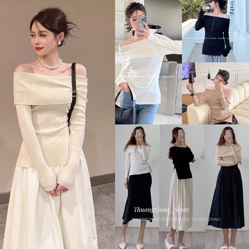 Áo len trễ vai cổ thuyền hàng Quảng Châu chất len đẹp dày dặn Áo trễ vai len xịn phong cách Hàn Quốc