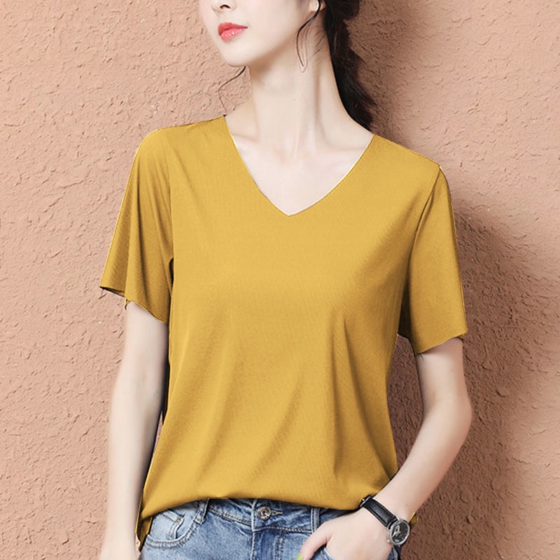 Áo thun nữ ngắn tay cổ chữ V phong cách Hàn Quốc size lớn