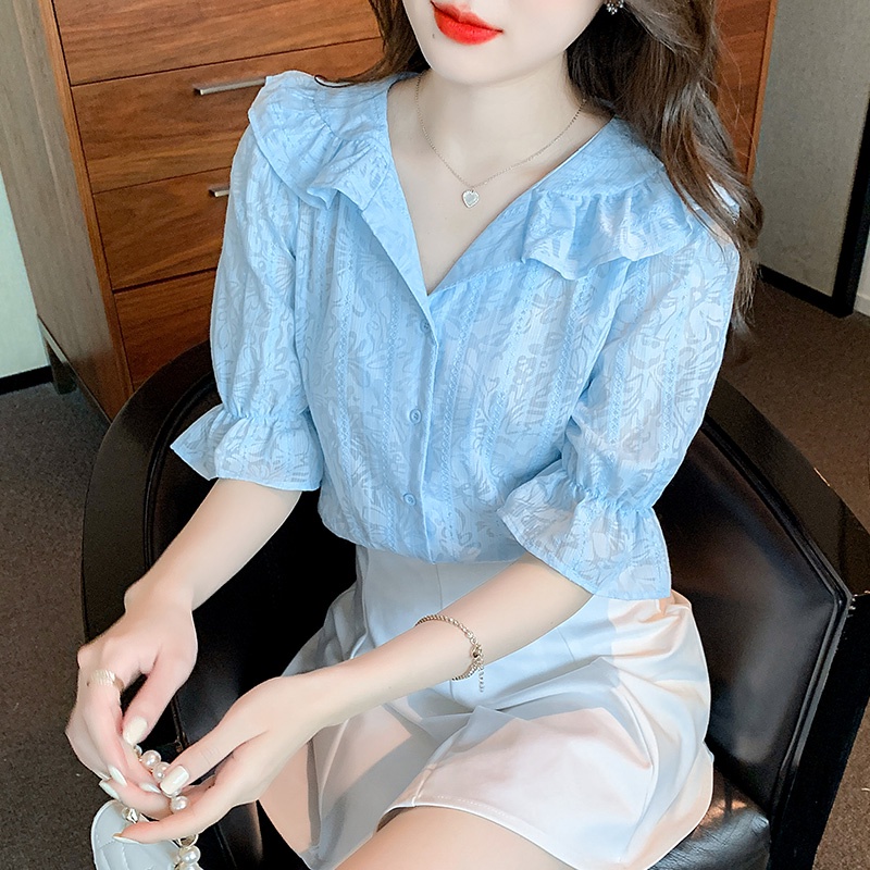 Áo Sơ Mi Chiffon Tay Phồng Cổ Bèo In Họa Tiết Xinh Xắn Thời Trang Cho Nữ