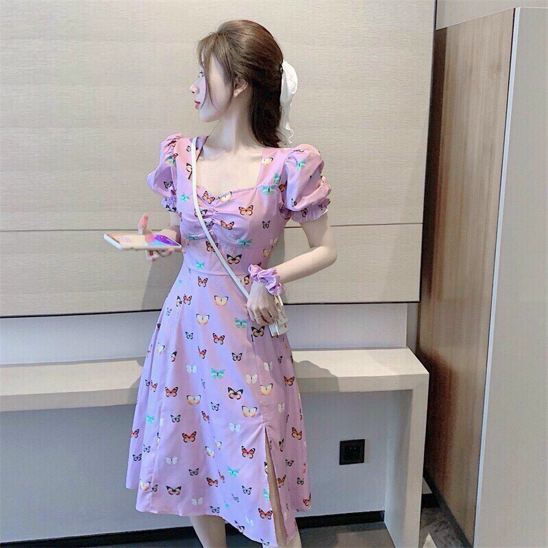 Đầm lụa xẻ tà nhún ngực tay ngắn có mút ngực xinh xắn Rose Fashion