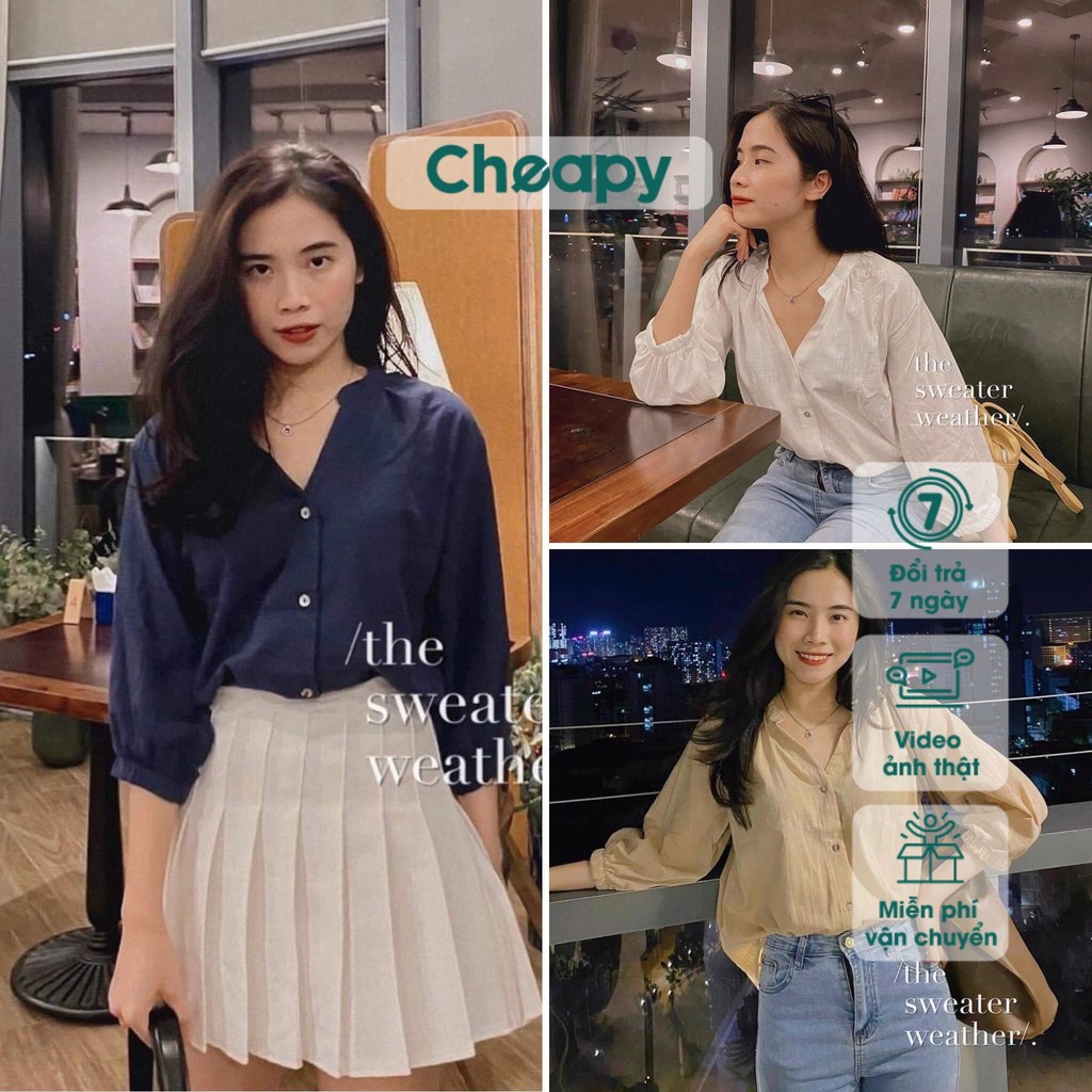 Áo sơ mi đũi cổ tàu dài tay nữ xanh trắng be freesize form rộng dáng suông chất đũi bo tay vintage cheapy C419