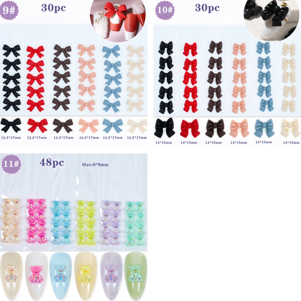 [Hàng mới về] Bộ 6 hàng 30 / 48 chiếc phụ kiện trang trí móng nghệ thuật hình gấu trong suốt/ nơ 3D cho nữ