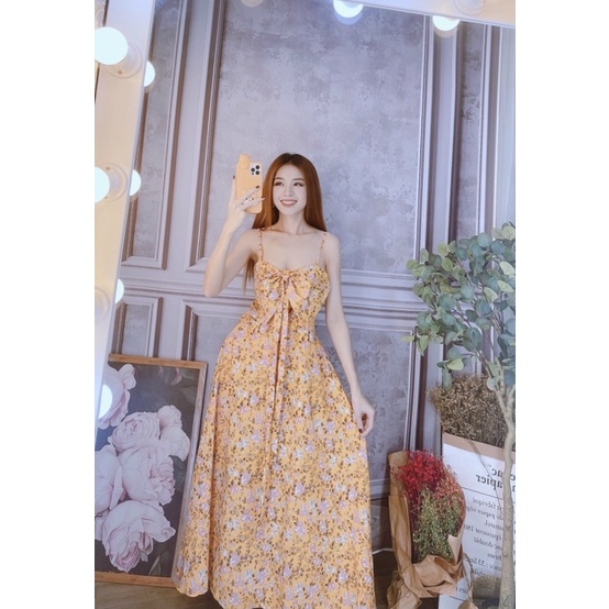 Đầm hoa 2 dây nơ dáng dài maxi-hình thật.